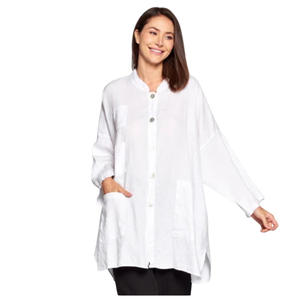 Match Point USA White‎ Linen Button Down Tunic Shirt Pockets Size 1 (Large)